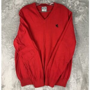 Express Mens Red V Neck Long Sleeve Knit Sweater Lion Logo Size L